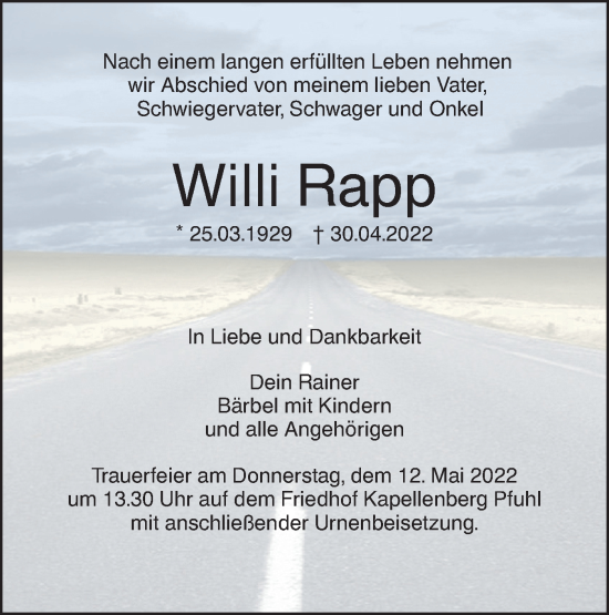 Traueranzeige von Willi Rapp von SÜDWEST PRESSE Ausgabe Ulm/Neu-Ulm