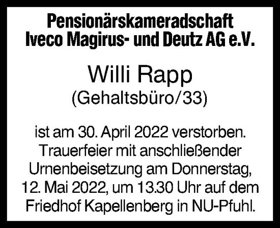 Traueranzeige von Willi Rapp von SÜDWEST PRESSE Ausgabe Ulm/Neu-Ulm