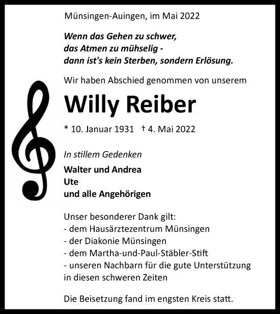 Traueranzeige von Willy Reiber von Alb-Bote/Metzinger-Uracher Volksblatt