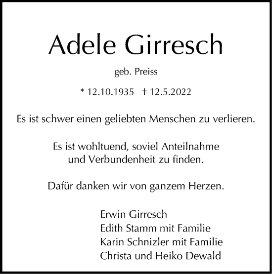 Traueranzeige von Adele Girresch von Metzinger-Uracher Volksblatt