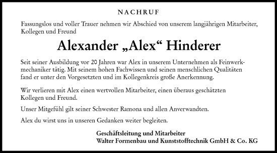 Traueranzeige von Alexander Hinderer von Rundschau Gaildorf