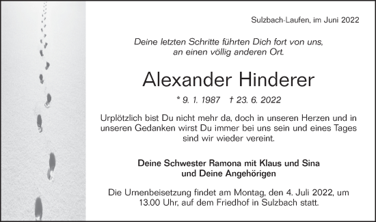 Traueranzeige von Alexander Hinderer von Rundschau Gaildorf