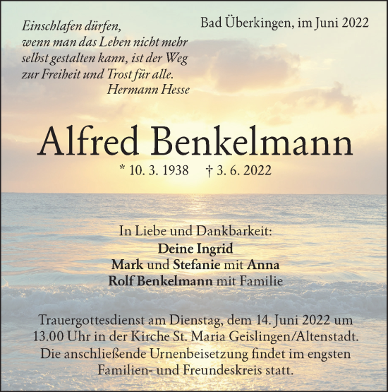 Traueranzeige von Alfred Benkelmann von Geislinger Zeitung