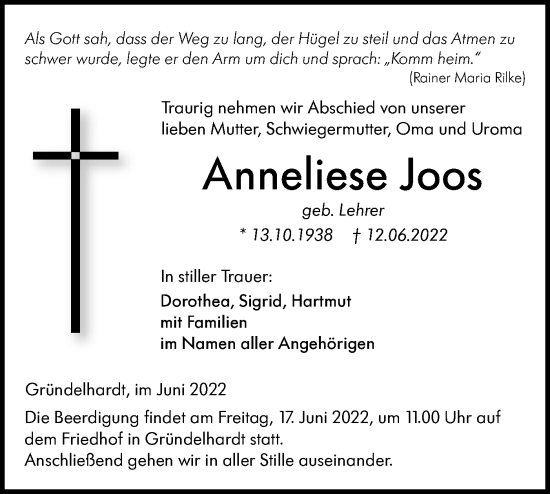 Traueranzeige von Anneliese Joos von Hohenloher Tagblatt