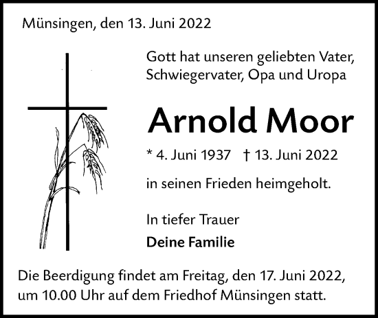 Traueranzeige von Arnold Moor von Alb-Bote/Metzinger-Uracher Volksblatt