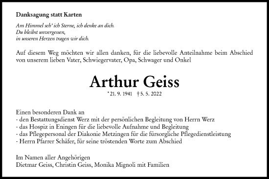 Traueranzeige von Arthur Geiss von Metzinger-Uracher Volksblatt