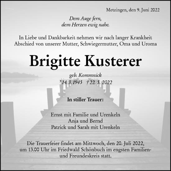 Traueranzeige von Brigitte Kusterer von Metzinger-Uracher Volksblatt