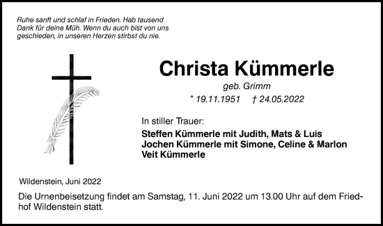 Traueranzeige von Christa Kümmerle von Hohenloher Tagblatt