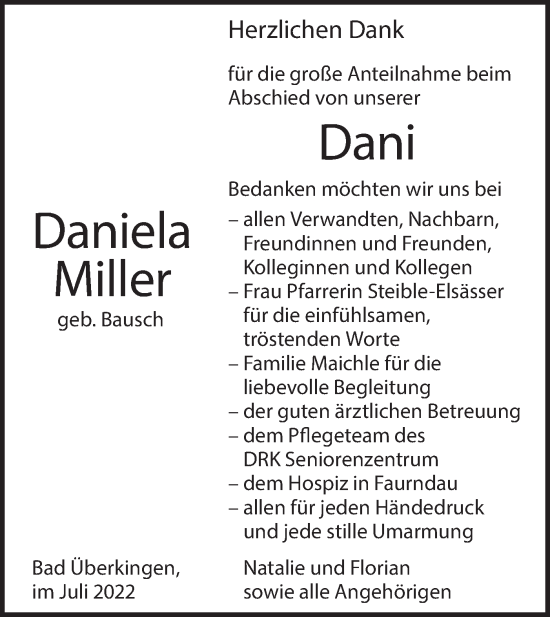 Traueranzeige von Dani Miller von Geislinger Zeitung