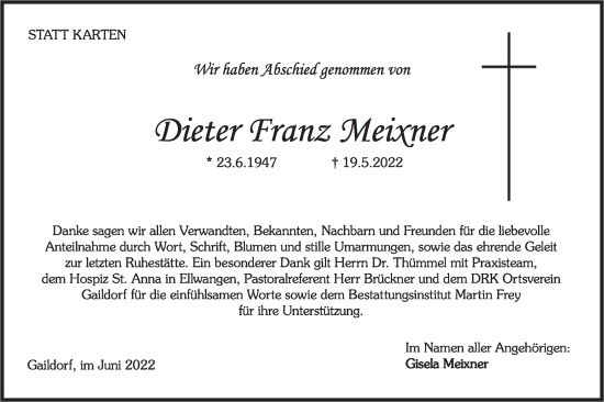 Traueranzeige von Dieter Franz Meixner von Rundschau Gaildorf