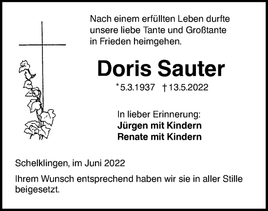 Traueranzeige von Doris Sauter von Ehinger Tagblatt