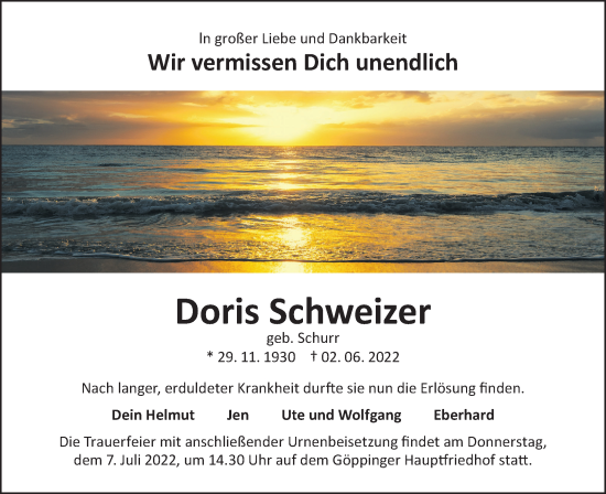 Traueranzeige von Doris Schweizer von NWZ Neue Württembergische Zeitung