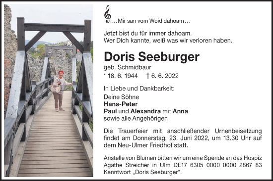 Traueranzeige von Doris Seeburger von SÜDWEST PRESSE Ausgabe Ulm/Neu-Ulm