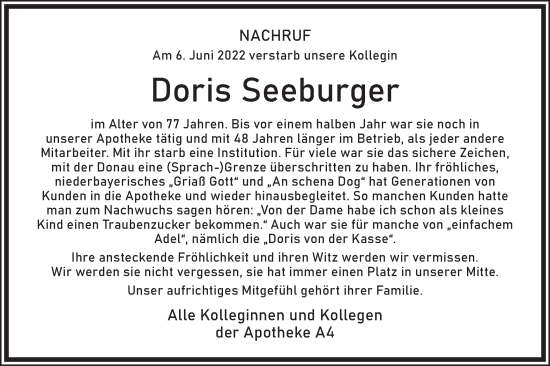 Traueranzeige von Doris Seeburger von SÜDWEST PRESSE Ausgabe Ulm/Neu-Ulm