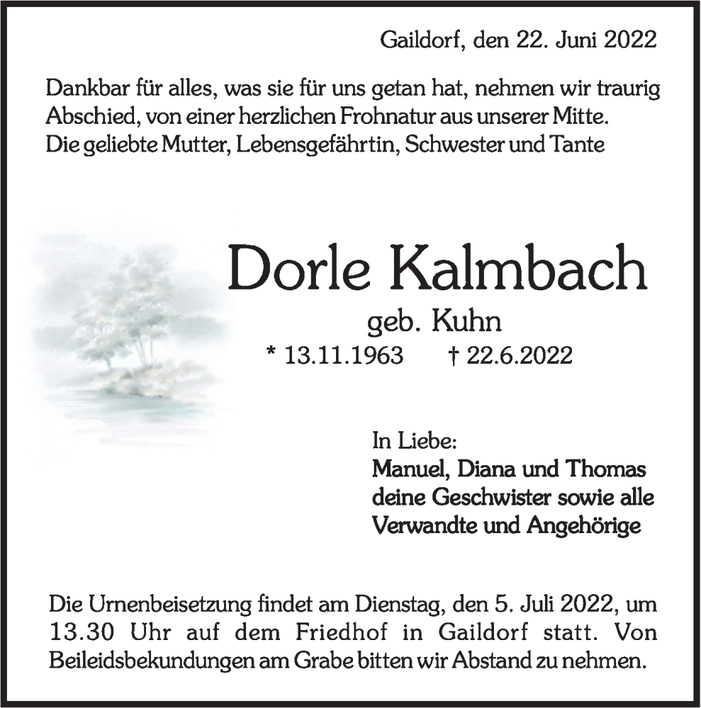  Traueranzeige für Dorle Kalmbach vom 30.06.2022 aus Rundschau Gaildorf