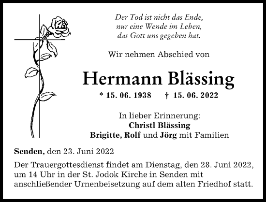 Traueranzeige von Hermann Blässing von Südwest Presse