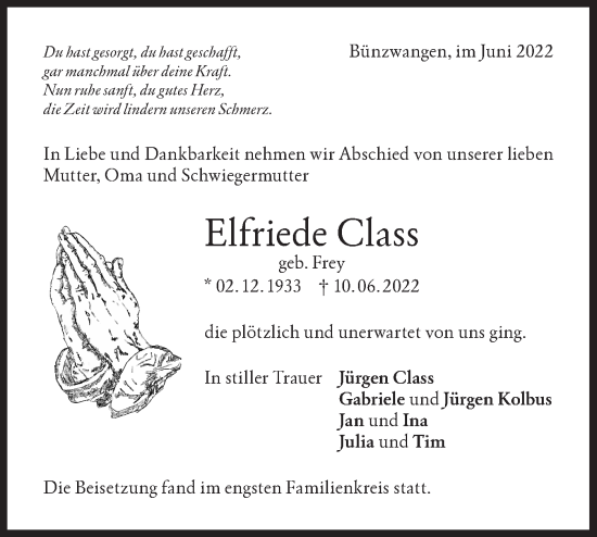 Traueranzeige von Elfriede Class von NWZ Neue Württembergische Zeitung