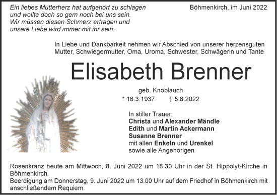 Traueranzeige von Elisabeth Brenner von Geislinger Zeitung