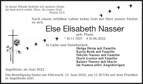 Traueranzeige von Else Elisabeth Nasser von Hohenloher Tagblatt