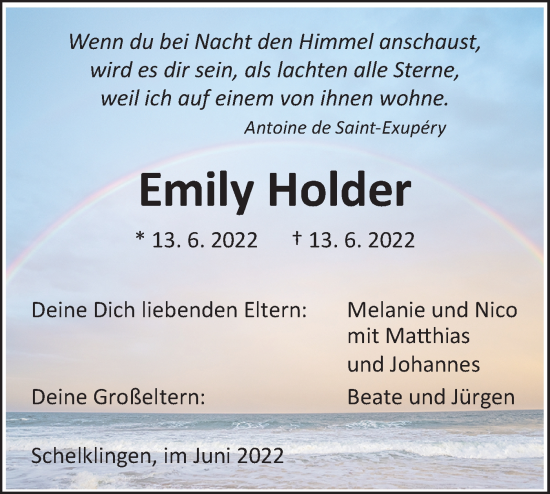 Traueranzeige von Emily Holder von Ehinger Tagblatt