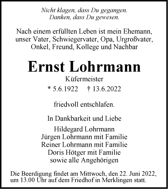 Traueranzeige von Ernst Lohrmann von SÜDWEST PRESSE Ausgabe Ulm/Neu-Ulm