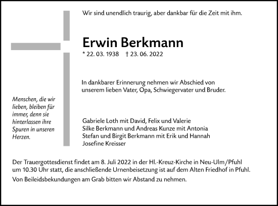 Traueranzeige von Erwin Berkmann von SÜDWEST PRESSE Ausgabe Ulm/Neu-Ulm