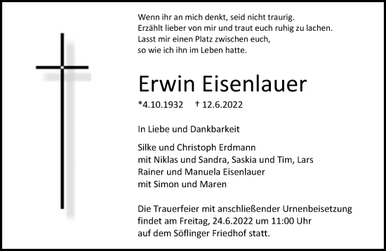 Traueranzeige von Erwin Eisenlauer von SÜDWEST PRESSE Ausgabe Ulm/Neu-Ulm