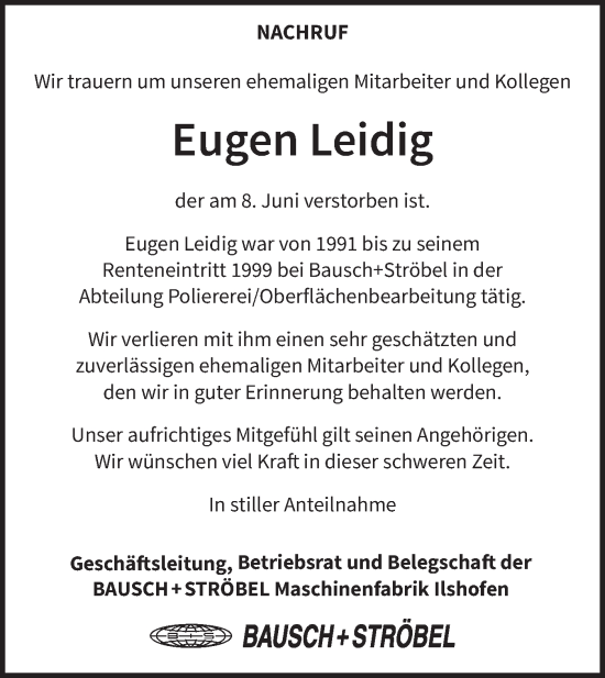 Traueranzeige von Eugen Leidig von Haller Tagblatt