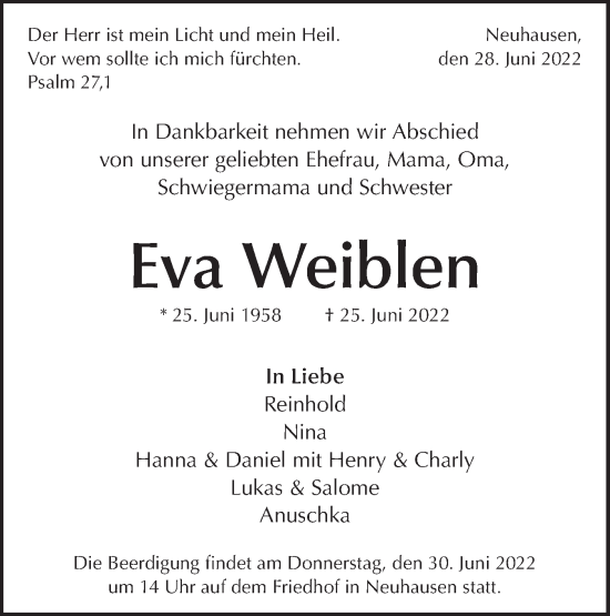 Traueranzeige von Eva Weiblen von Metzinger-Uracher Volksblatt