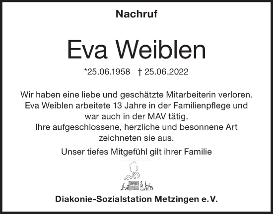 Traueranzeige von Eva Weiblen von Metzinger-Uracher Volksblatt