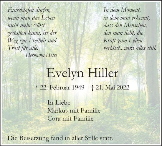 Traueranzeige von Evelyn Hiller von SÜDWEST PRESSE Ausgabe Ulm/Neu-Ulm