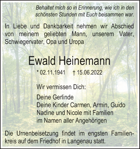 Traueranzeige von Ewald Heinemann von SÜDWEST PRESSE Ausgabe Ulm/Neu-Ulm