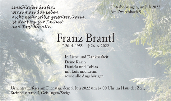 Traueranzeige von Franz Brantl von Geislinger Zeitung