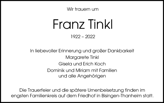 Traueranzeige von Franz Tinkl von Metzinger-Uracher Volksblatt