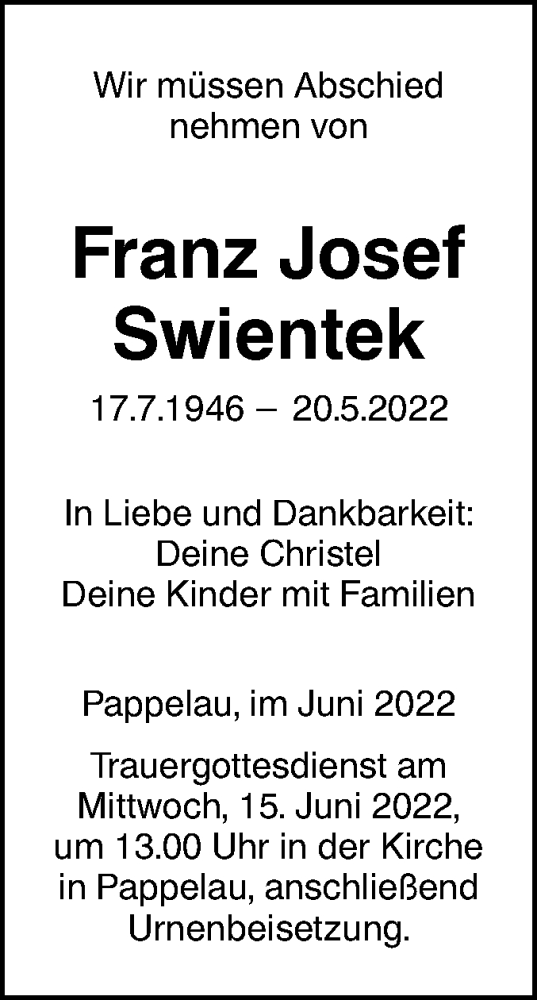 Traueranzeige von Franz Josef Swientek von SÜDWEST PRESSE Ausgabe Ulm/Neu-Ulm