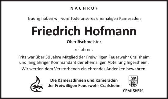 Traueranzeige von Friedrich Hofmann von Hohenloher Tagblatt