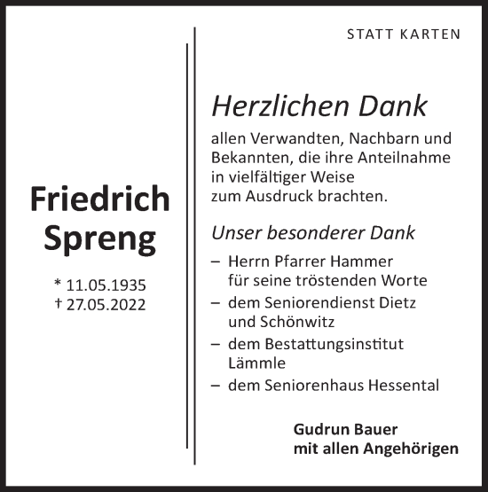 Traueranzeige von Friedrich Spreng von Hohenloher Tagblatt