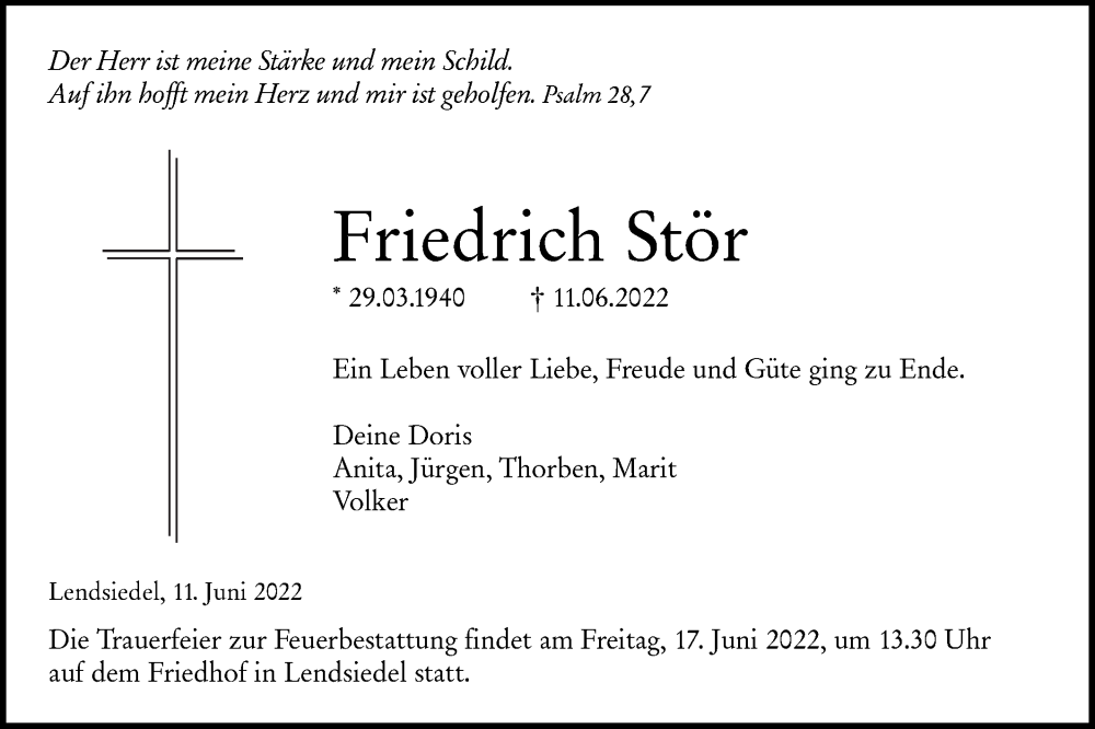  Traueranzeige für Friedrich Stör vom 15.06.2022 aus Hohenloher Tagblatt