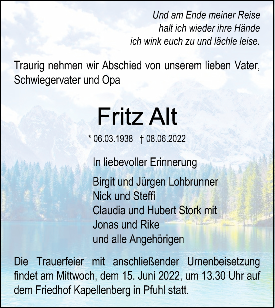 Traueranzeige von Fritz Alt von SÜDWEST PRESSE Ausgabe Ulm/Neu-Ulm