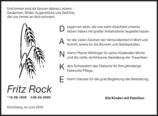 Traueranzeige von Fritz Rock von Hohenloher Tagblatt