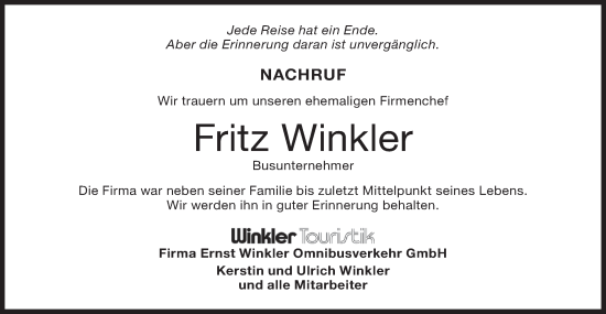 Traueranzeige von Fritz Winkler von Metzinger-Uracher Volksblatt