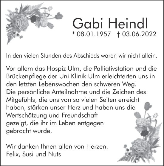 Traueranzeige von Gabi Heindl von SÜDWEST PRESSE Ausgabe Ulm/Neu-Ulm