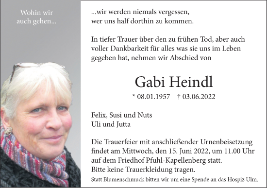 Traueranzeige von Gabi Heindl von SÜDWEST PRESSE Ausgabe Ulm/Neu-Ulm