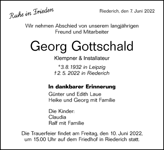 Traueranzeige von Georg Gottschald von Metzinger-Uracher Volksblatt