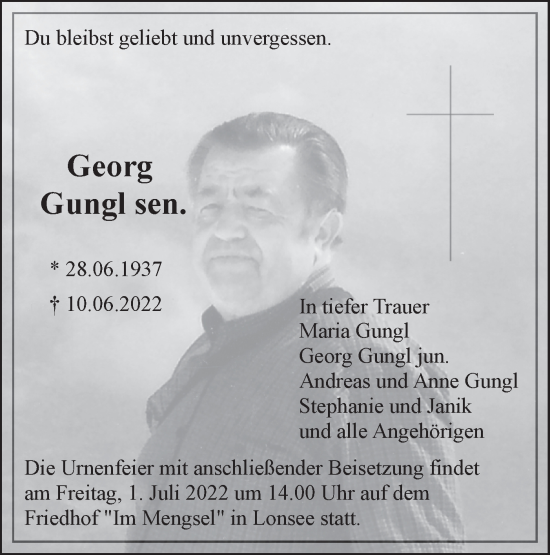 Traueranzeige von Georg Gungl von SÜDWEST PRESSE Ausgabe Ulm/Neu-Ulm