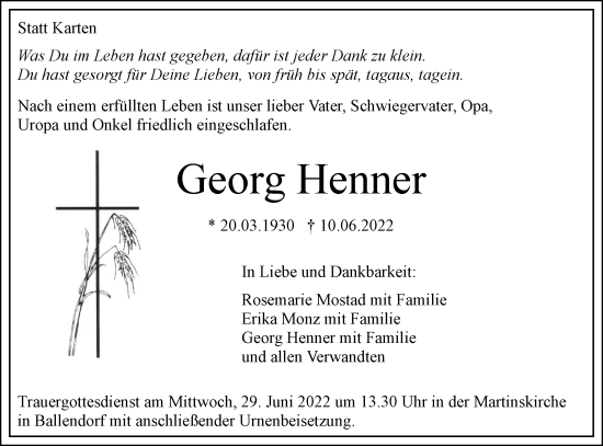 Traueranzeige von Georg Henner von SÜDWEST PRESSE Ausgabe Ulm/Neu-Ulm