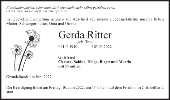 Traueranzeige von Gerda Ritter von Hohenloher Tagblatt