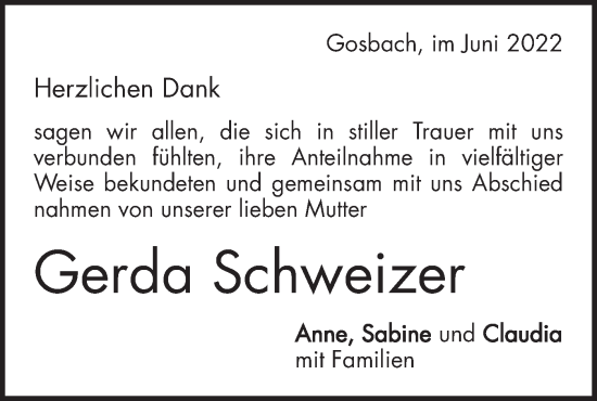 Traueranzeige von Gerda Schweizer von Geislinger Zeitung