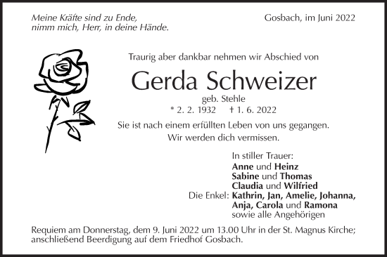 Traueranzeige von Gerda Schweizer von Geislinger Zeitung