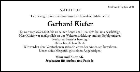 Traueranzeige von Gerhard Kiefer von Rundschau Gaildorf